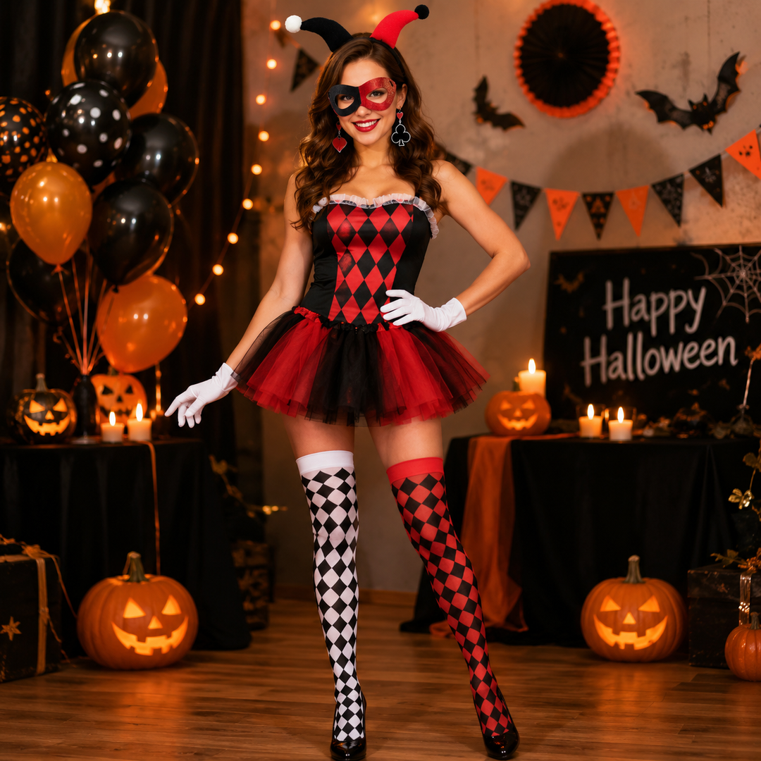 Harley Quinn Accessory Set Headband Mask Gloves and Earrings