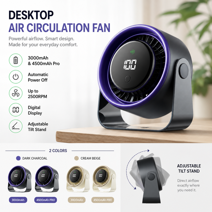 Desktop Air Circulation Fan Wireless 2500RPM Portable Camping Outdoor