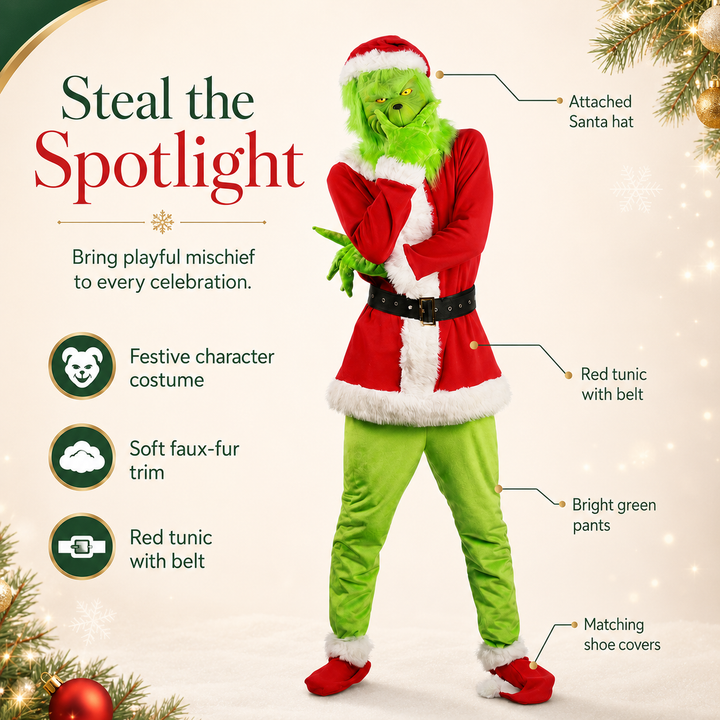 Grinch Mask &amp; Santa Suit Costume for Kids and Adults