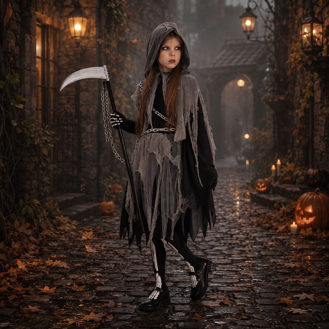 Girls Skull Dress Halloween Ghost Reaper Bone Print Kids Costume Cosplay Outfit