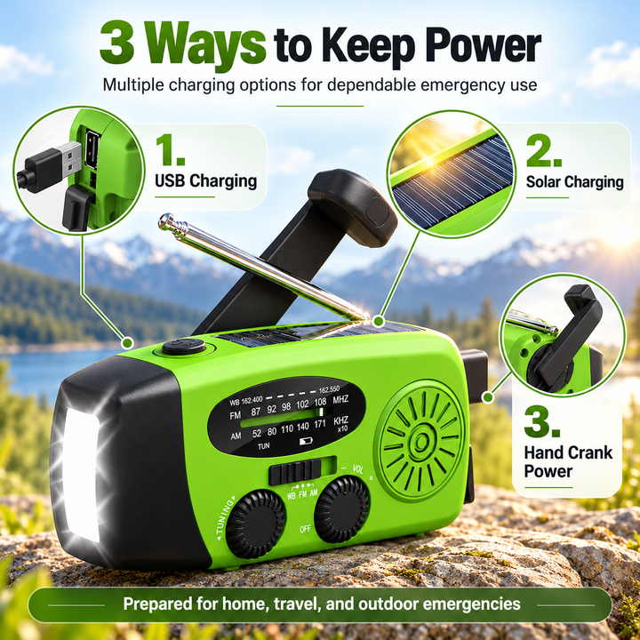 Wind Up Radio Lightweight Lime Green NOAA Solar 2000mAh Flashlight