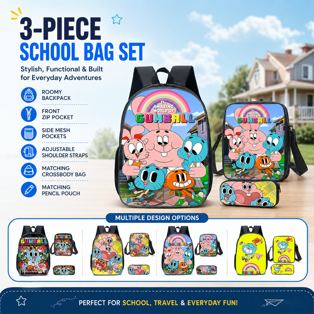 Amazing World of Gumball Kids School Backpack 3-Piece Set with Crossbody Bag &amp; Pencil Case
