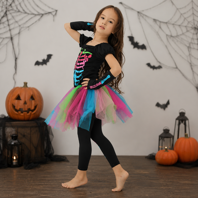 Kids Colorful Skeleton Costume Rainbow Halloween Trick or Treat Party Haunted House Cosplay