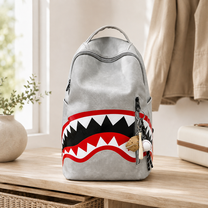 Shark Print Street Style School Backpack, Large Capacity Travel Bag