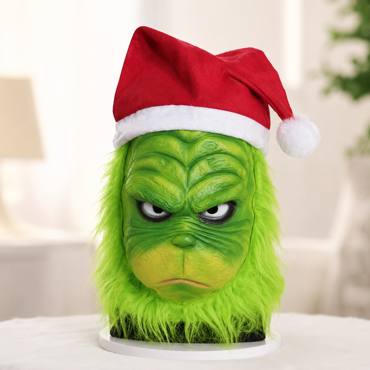 Grinch Latex Mask with Santa Hat for Christmas Costume