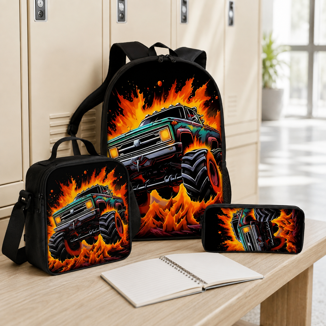 Monster Truck Off-Road and Dino Print Kids 3-Piece Backpack Set