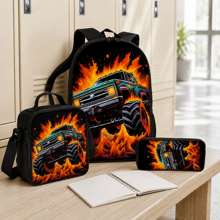 Monster Truck Off-Road and Dino Print Kids 3-Piece Backpack Set