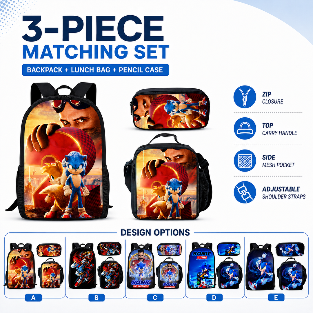 Sonic the Hedgehog Boys School Backpack 3-Piece Set with Lunch Bag &amp; Pencil Case