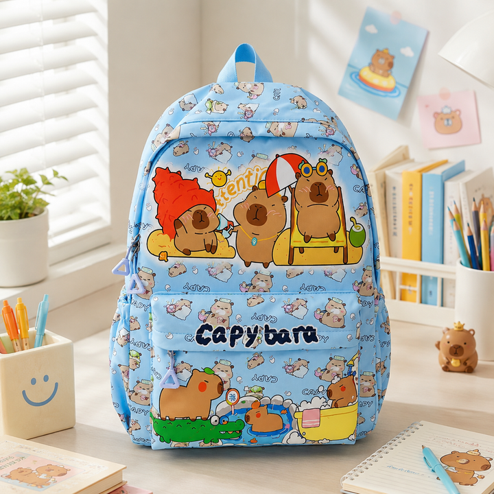 Kawaii Capybara School Backpack Large Capacity Nylon College Student Girls Cartoon