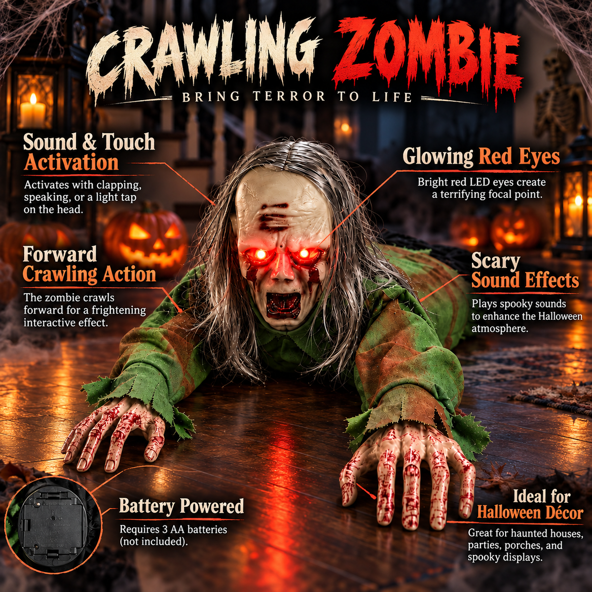 Long Haired Crawling Zombie Prop Light Up Eyes Sound Activated Halloween Decoration