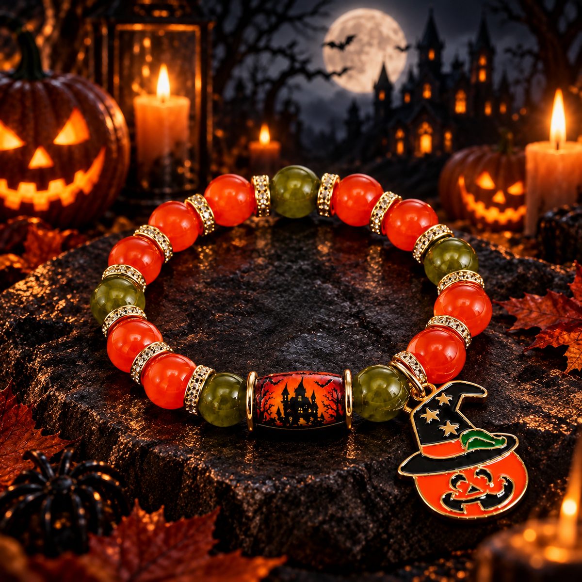 Halloween Crystal Bead Pendant Bracelet Bat Pumpkin Ghost Castle Charm Jewelry