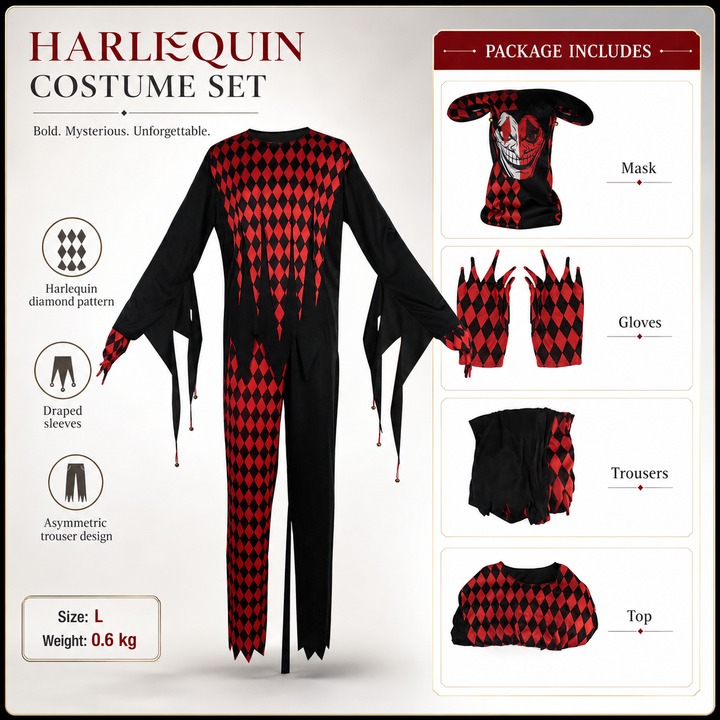 Evil Jester Costume with Hood and Mask Halloween Costume