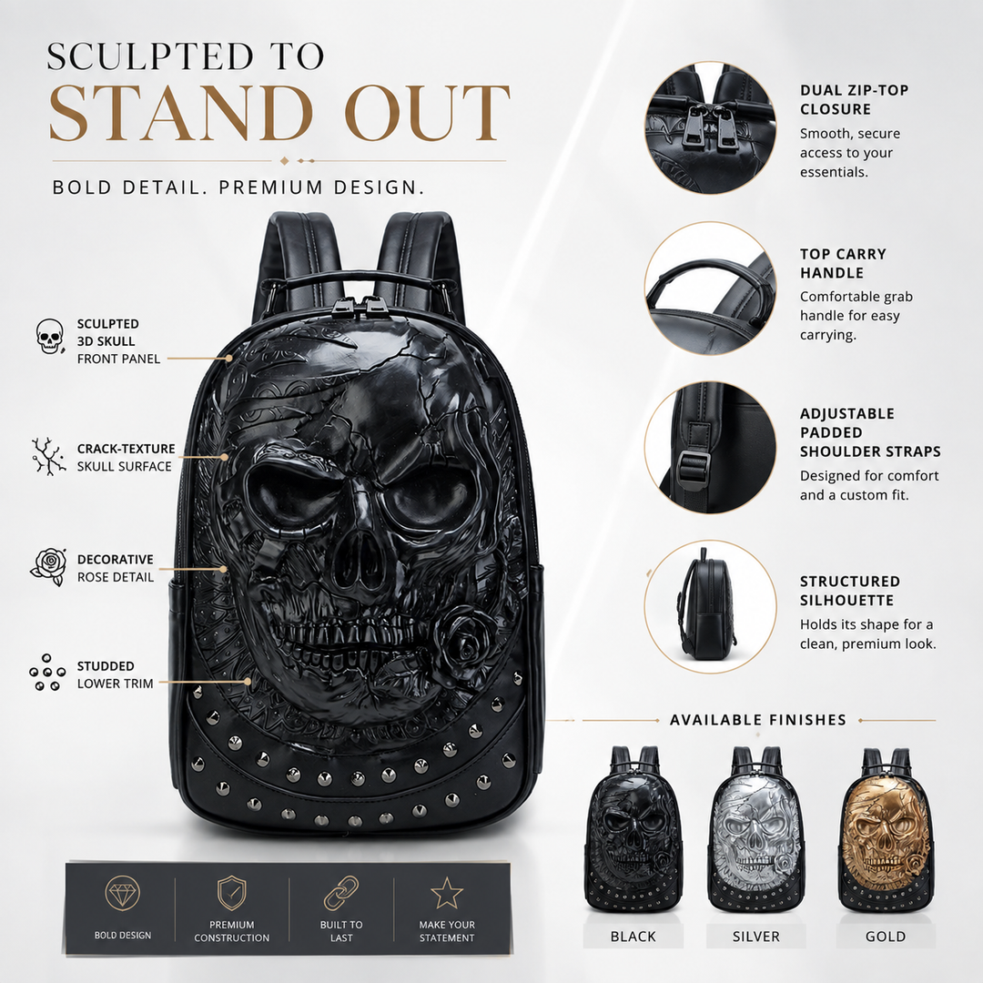 3D Skull Print School Backpack, Trendy PU Bookbag