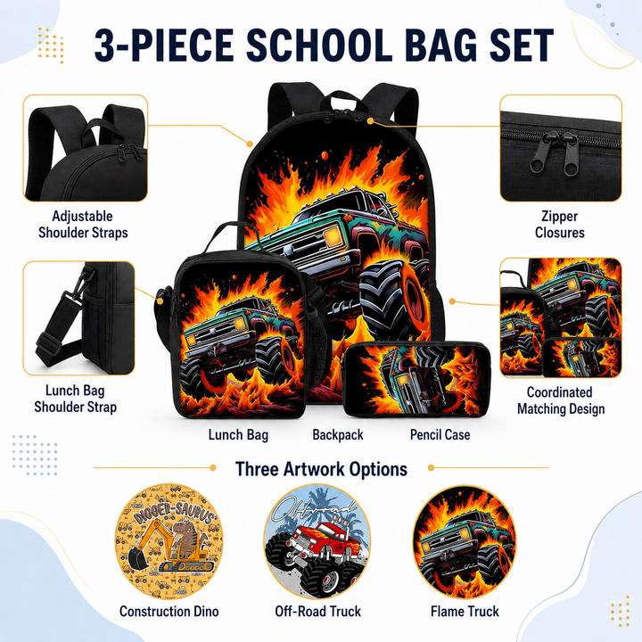 Monster Truck Off-Road and Dino Print Kids 3-Piece Backpack Set