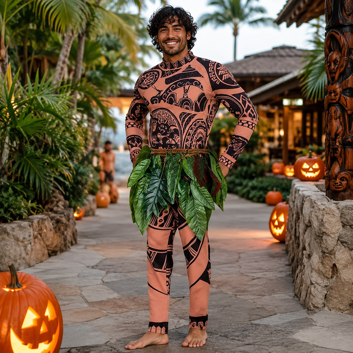 Moana Maui Costume with Tattoo Print and Leaf Skirt Halloween