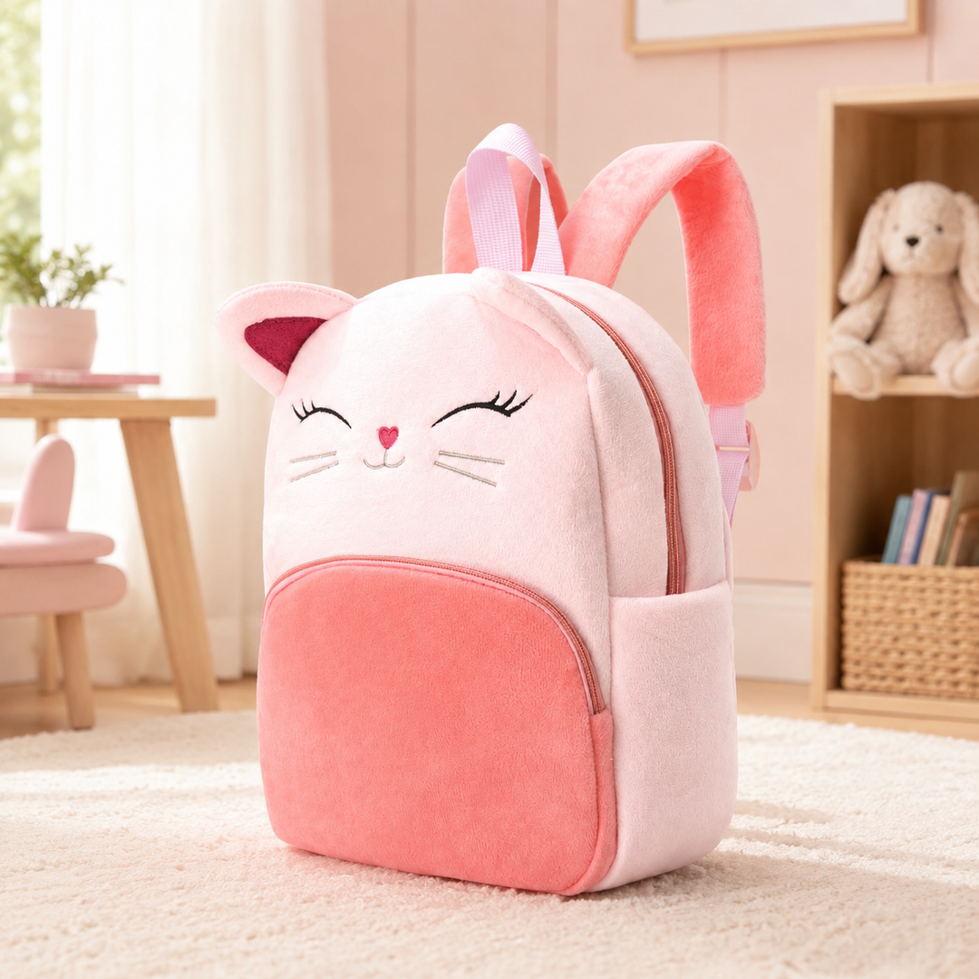Girls Plush Cat Face School Backpack for Toddlers