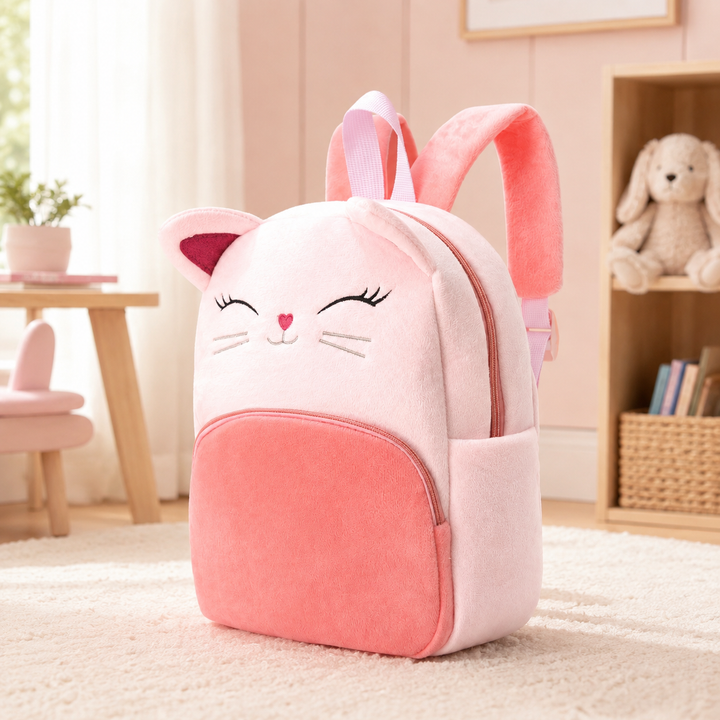 Girls Plush Cat Face School Backpack for Toddlers