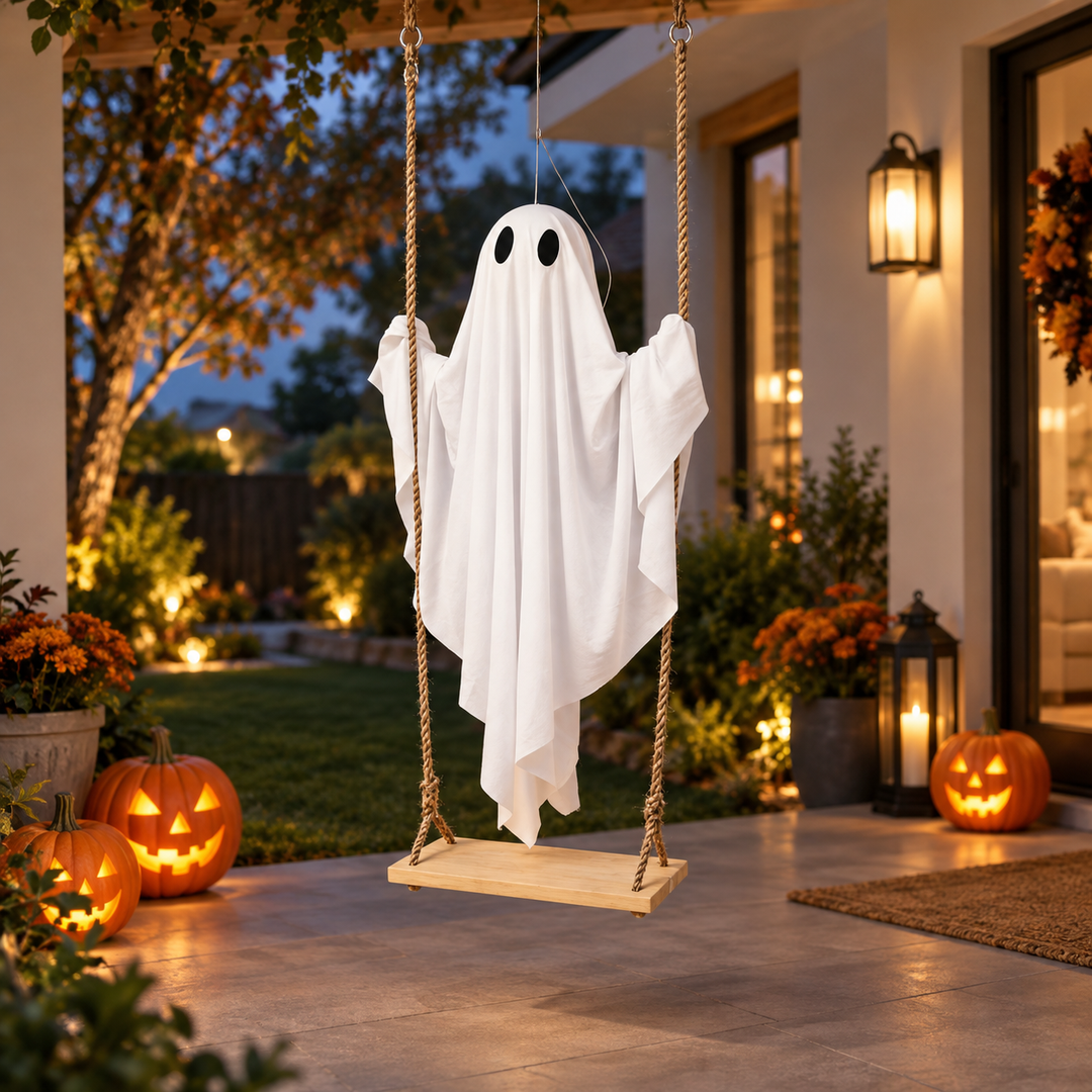 Halloween Ghost Swing Hanging Decoration Wooden Seat Porch Tree Decor