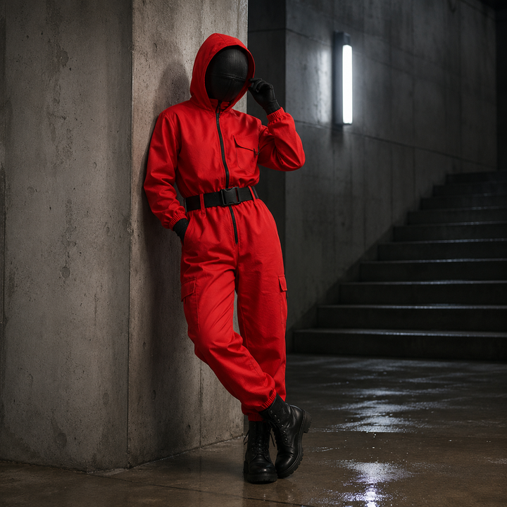 Kids Adults Bank Robber Halloween Costume Red Jumpsuit Cosplay Mask Heist Roleplay Outfit Set