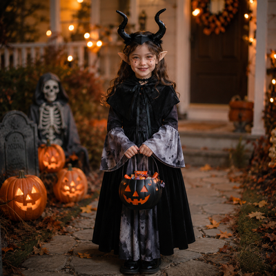 Kids Girls Halloween Long Dress Witch Vampire Skeleton Costume Cosplay Performance Outfit Set