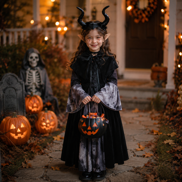 Kids Girls Halloween Long Dress Witch Vampire Skeleton Costume Cosplay Performance Outfit Set