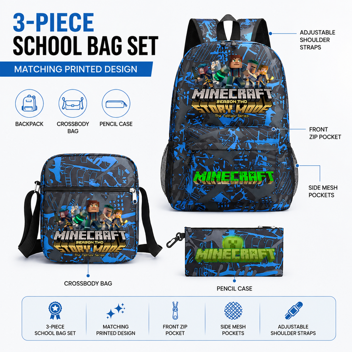 Minecraft Story Mode 3-Piece School Backpack Set with Crossbody Bag and Pencil Case