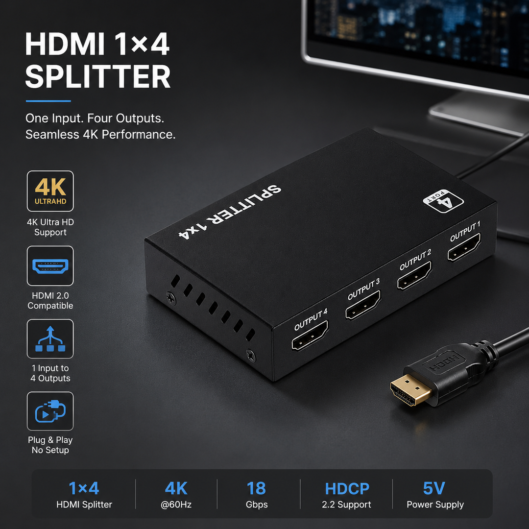 HDMI Splitter 1 In 4 Out 4K UHD 1080P Repeater Amplifier for Multi Display