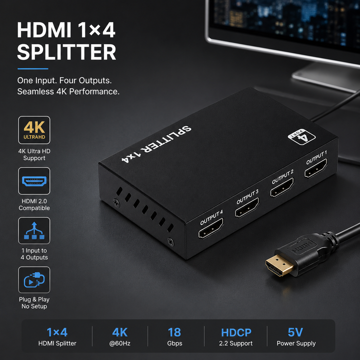 HDMI Splitter 1 In 4 Out 4K UHD 1080P Repeater Amplifier for Multi Display