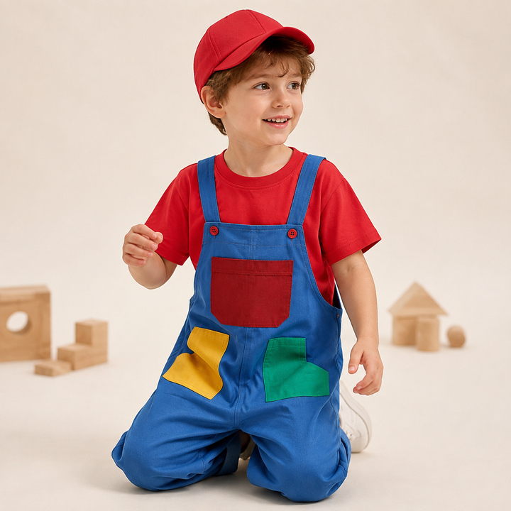 Super Mario Bros Costume Overalls Set with Cap for Kids