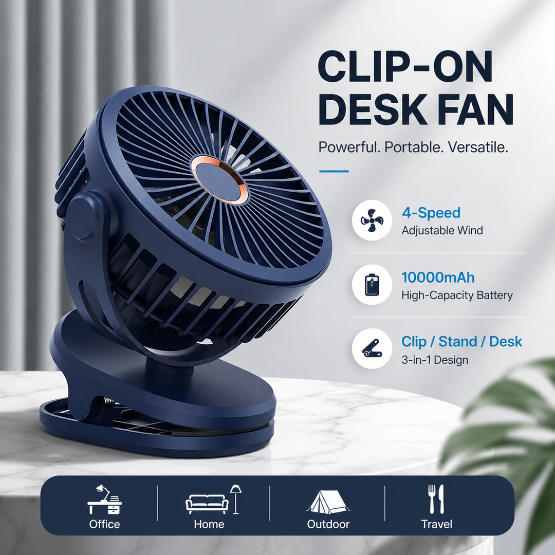 Clip On Fan 10000mAh Rechargeable Portable Desk Fan 4 Speeds Quiet