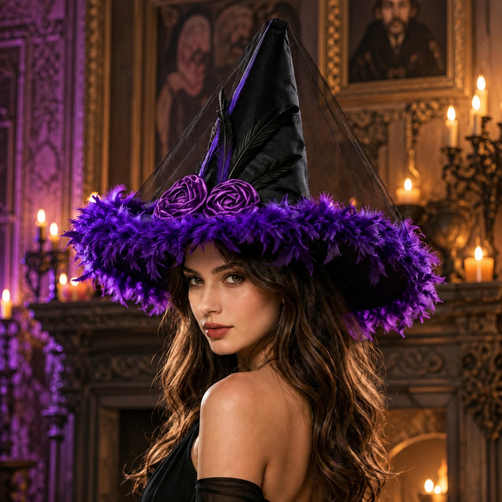 Feather Witch Hat Black and Purple Halloween Costume Accessory