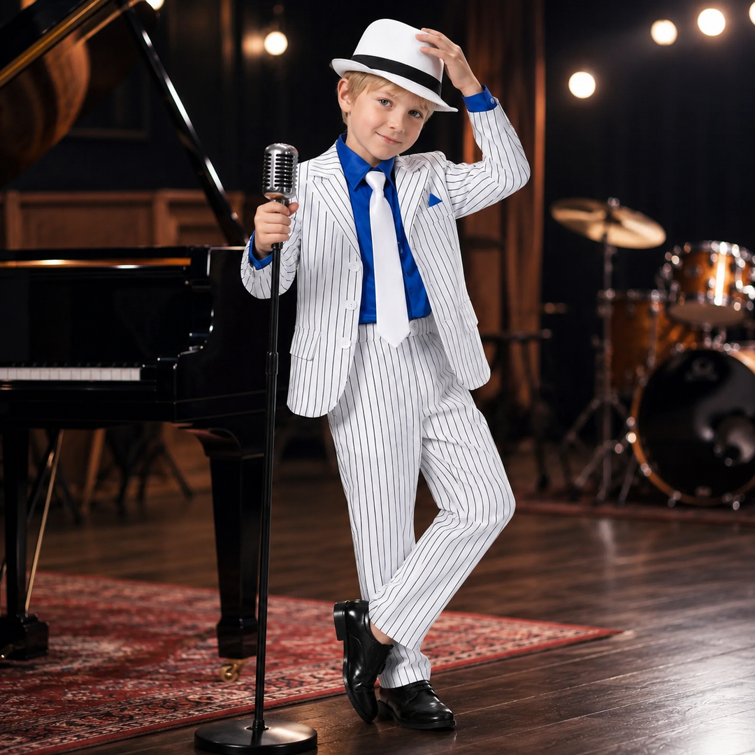 Boys Pinstripe Suit Costume Vintage Performance Outfit with Hat and Tie