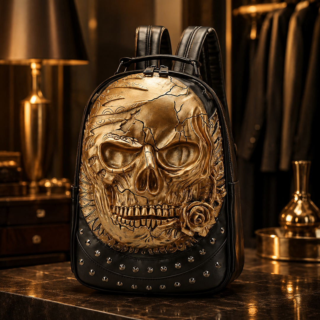 3D Skull Print School Backpack, Trendy PU Bookbag