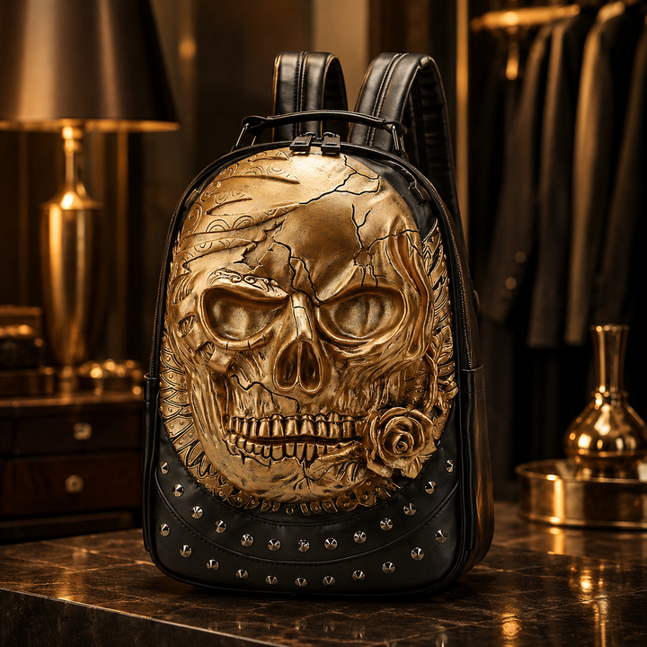 3D Skull Print School Backpack, Trendy PU Bookbag