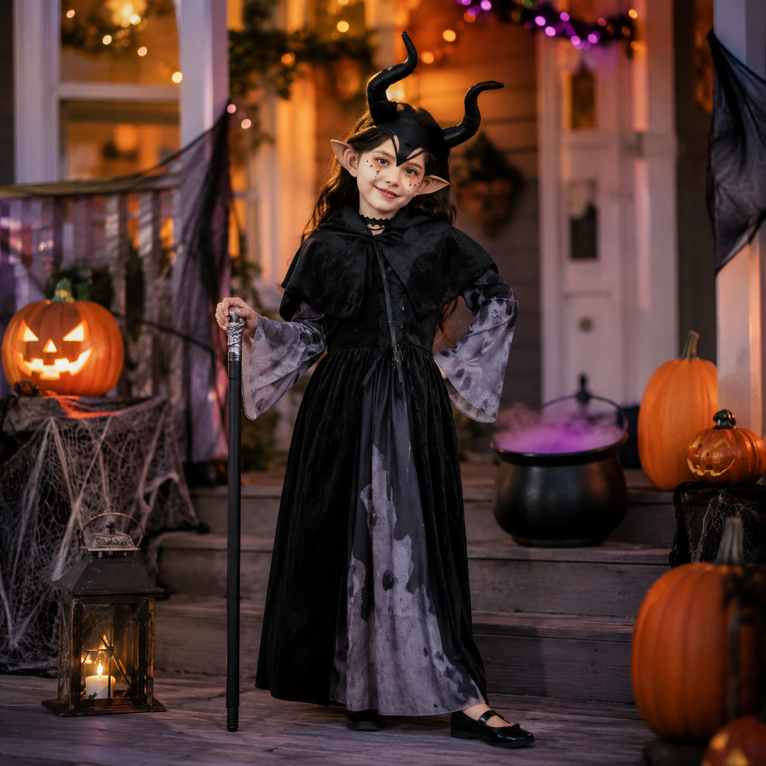 Kids Girls Halloween Long Dress Witch Vampire Skeleton Costume Cosplay Performance Outfit Set