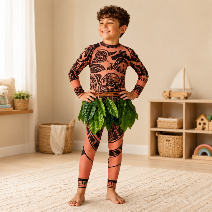 Moana Maui Costume with Tattoo Print and Leaf Skirt Halloween