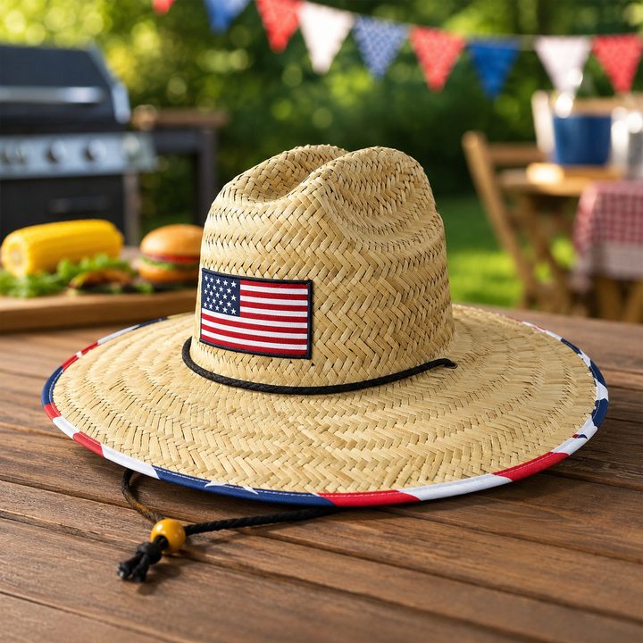 American Straw Cowboy Hat Wide Brim Western Sun Beach Patriotic