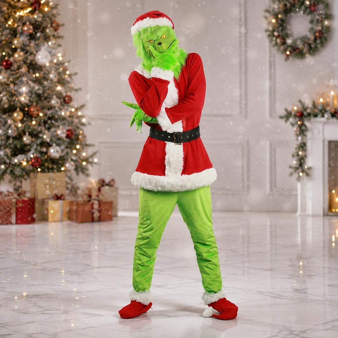 Grinch Mask &amp; Santa Suit Costume for Kids and Adults