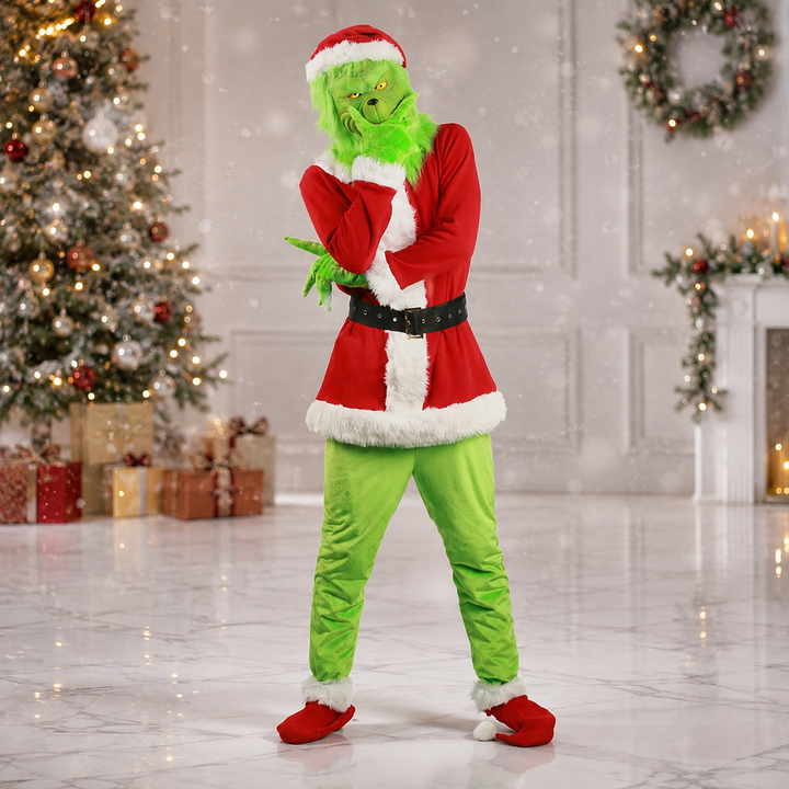 Grinch Mask &amp; Santa Suit Costume for Kids and Adults