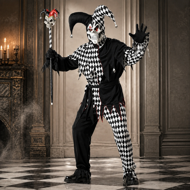 Court Jester Costume Harlequin Halloween Outfit with Skull Staff