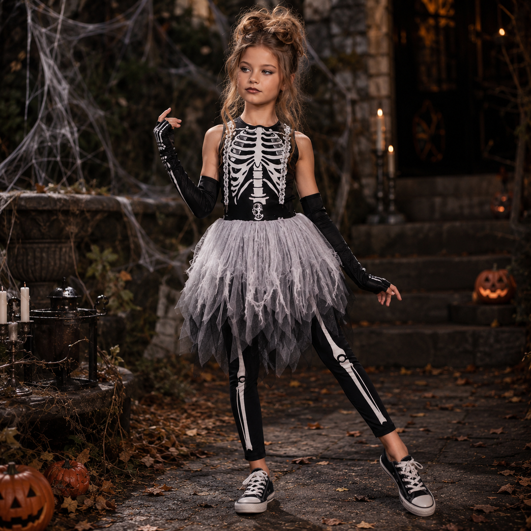 Girls Skull Dress Halloween Ghost Reaper Bone Print Kids Costume Cosplay Outfit