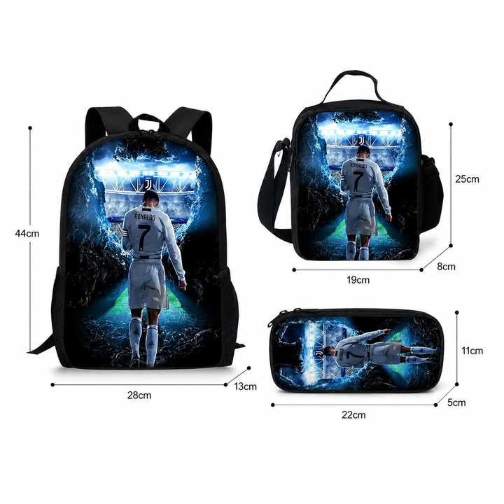 Football Player School Backpack 3Pcs Set Kids Boys Girls 3D Cartoon Gift