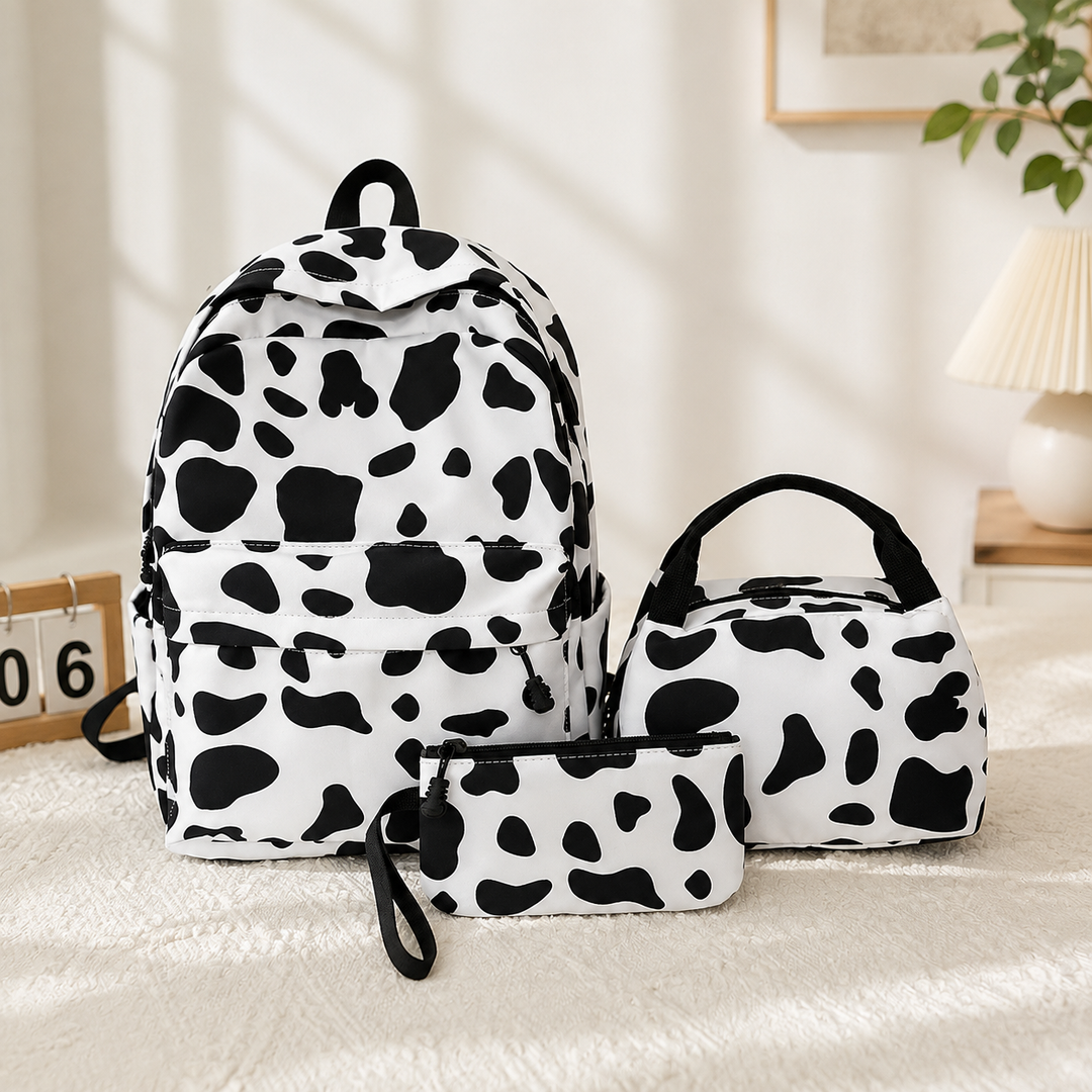 Girls Cow Print School Backpack Set with Lunch Bag and Pencil Case