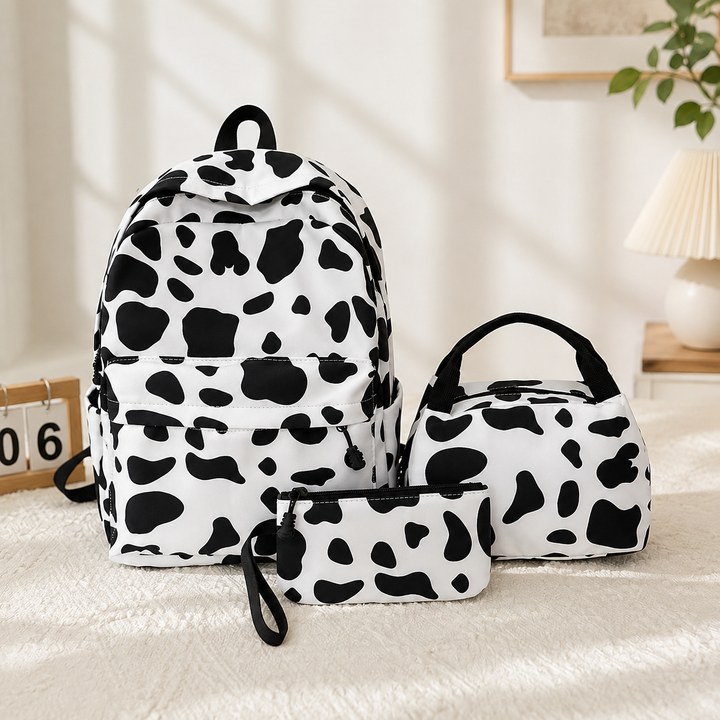 Girls Cow Print School Backpack Set with Lunch Bag and Pencil Case
