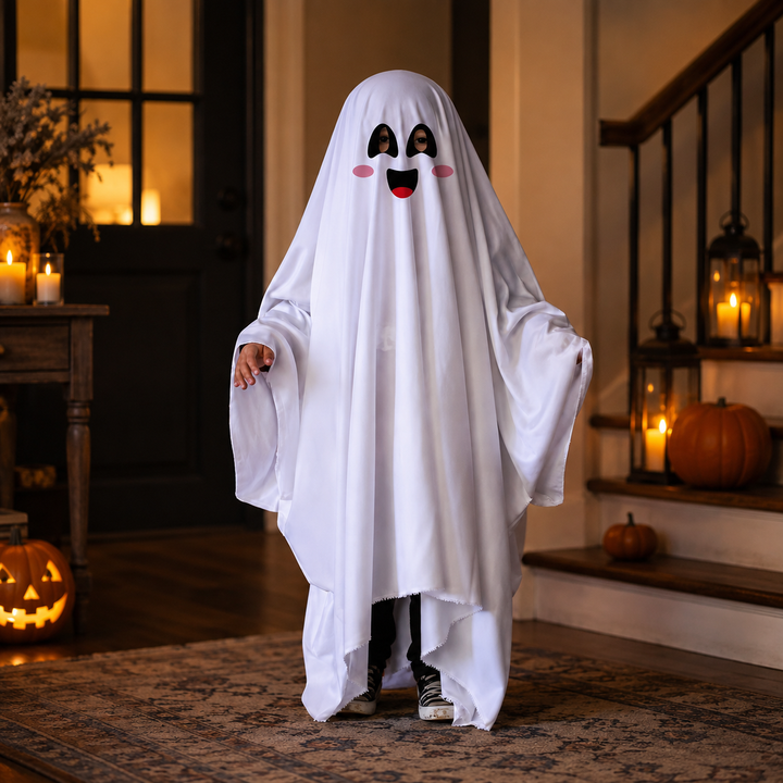 Kids Ghost Costume Halloween Sheet Costume with Face Design