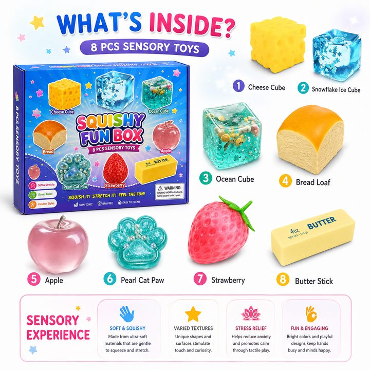 Squishy Fun Box 8-Piece Sensory Toy Set with Food and Animal Shapes