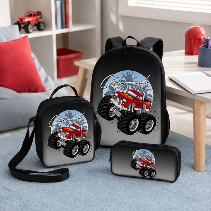 Monster Truck Off-Road and Dino Print Kids 3-Piece Backpack Set