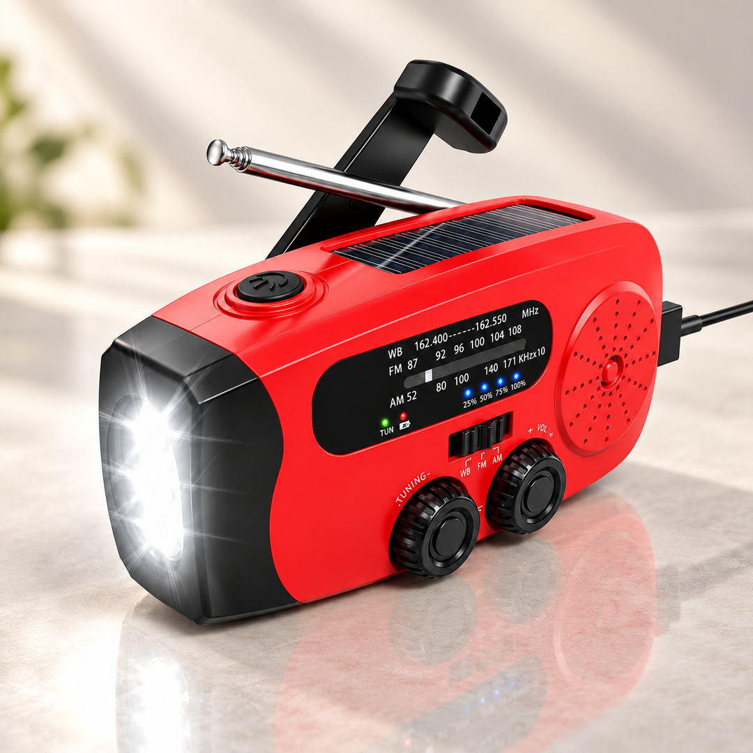 Mini Wind Up Radio NOAA AM FM USB C Solar 2000mAh Flashlight SOS