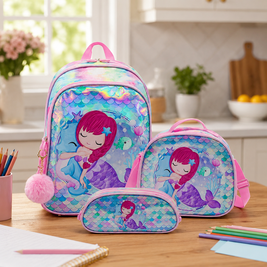 Unicorn Sequin 3-Piece School Backpack Set with Lunch Bag and Pencil Case for Girls