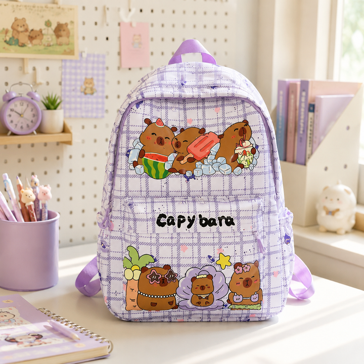 Kawaii Capybara School Backpack Large Capacity Nylon College Student Girls Cartoon